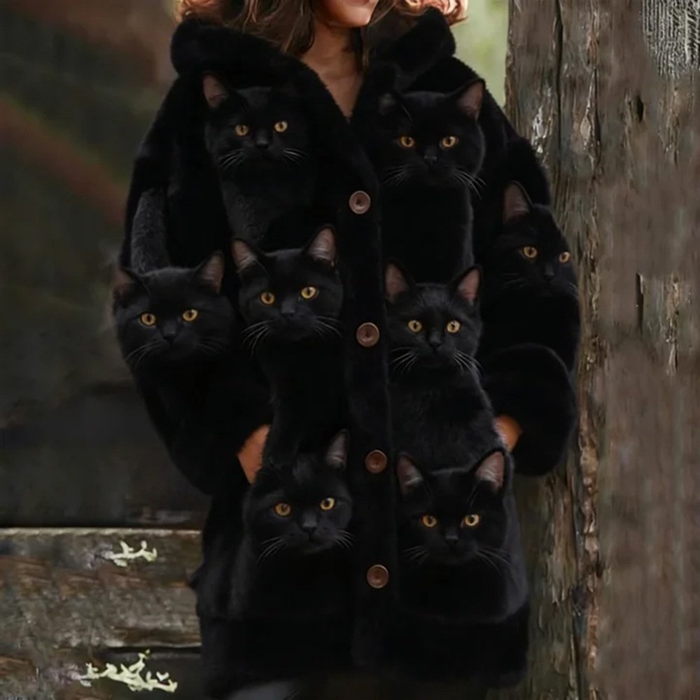 Casual 3D Cat-Print Hoodie Cloak Coat